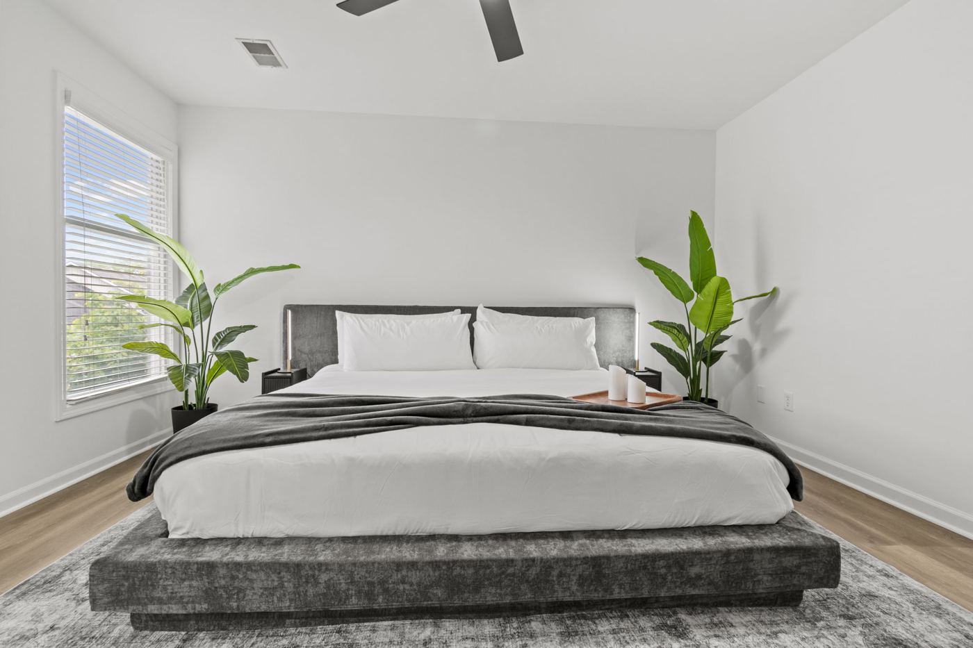 Primary suite king bed and windows