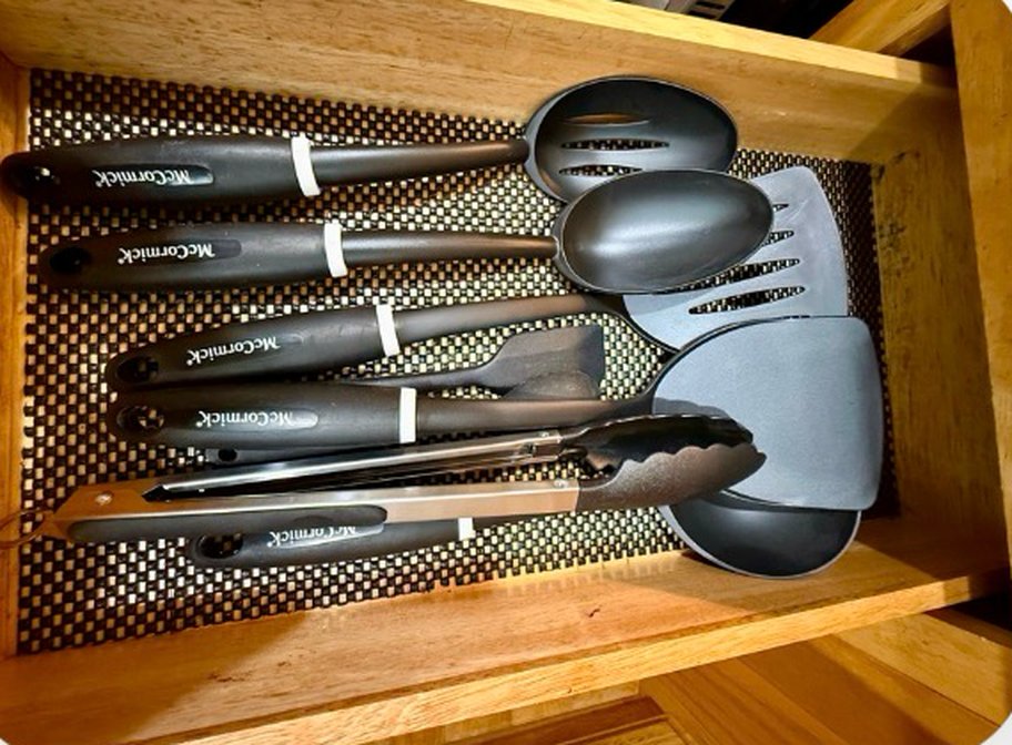 Drawer with cooking utensils, spatulas and tongs
