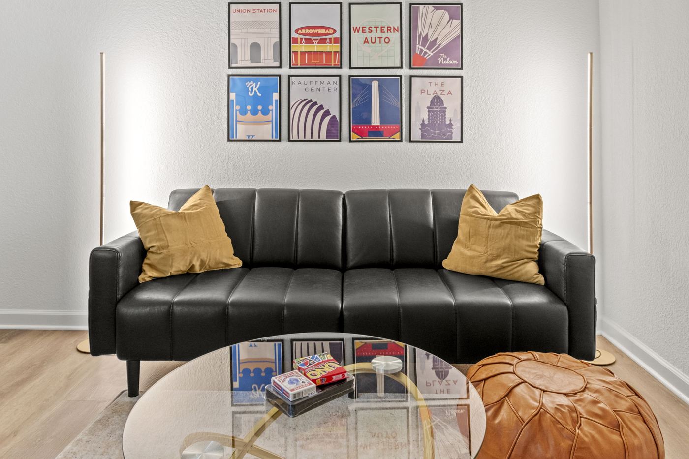 Lounge sofa with framed Kansas City prints